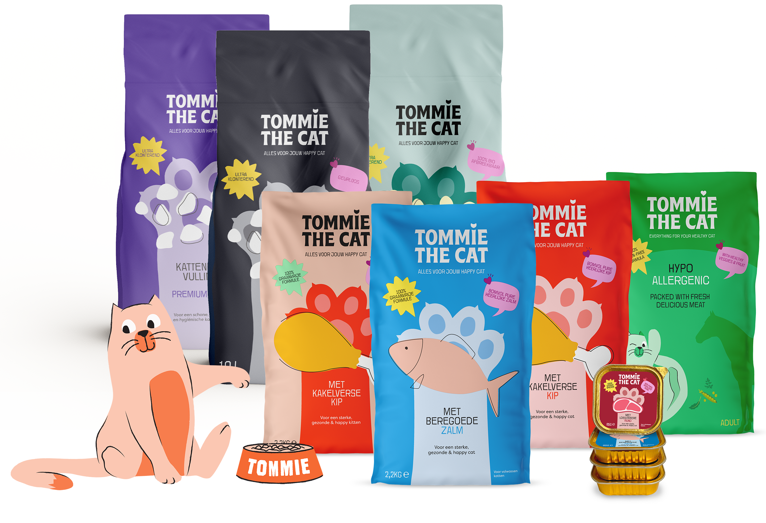 Diverse verpakkingen kattenvoer van Tommie the Cat